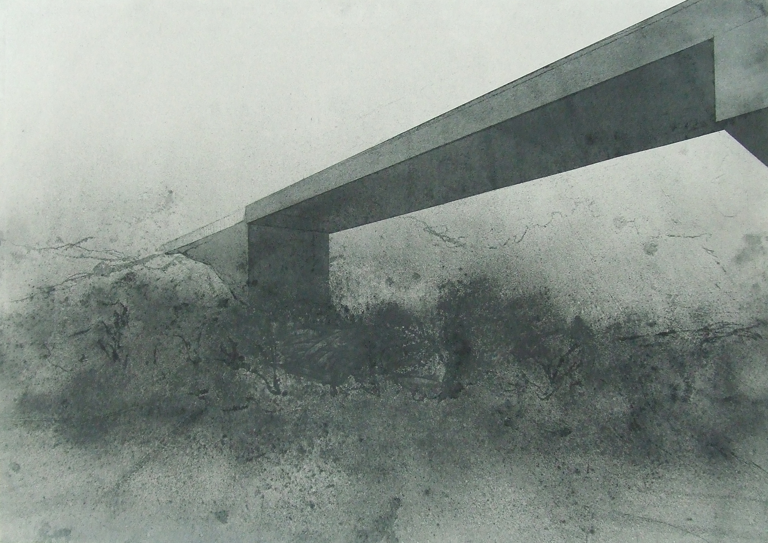 Most nad křovím, 2009, uhel na papíře, 70x100cm
