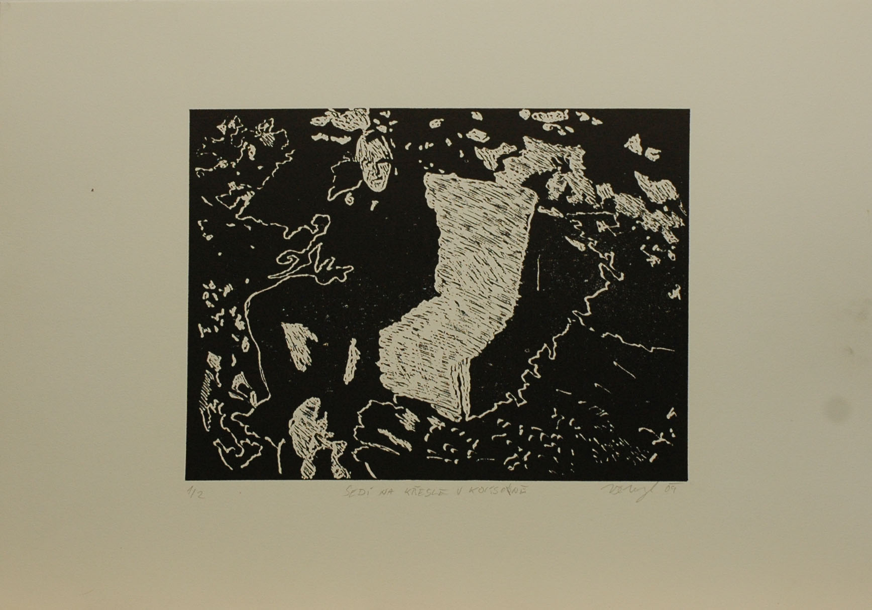 Sedí na křesle v koksovně, 2010, 35x50cm, Linoryt Náklad 2