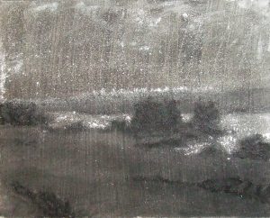 Za loukou, 2010, uhel, popel a pigment na plátně, 40×50,5cm