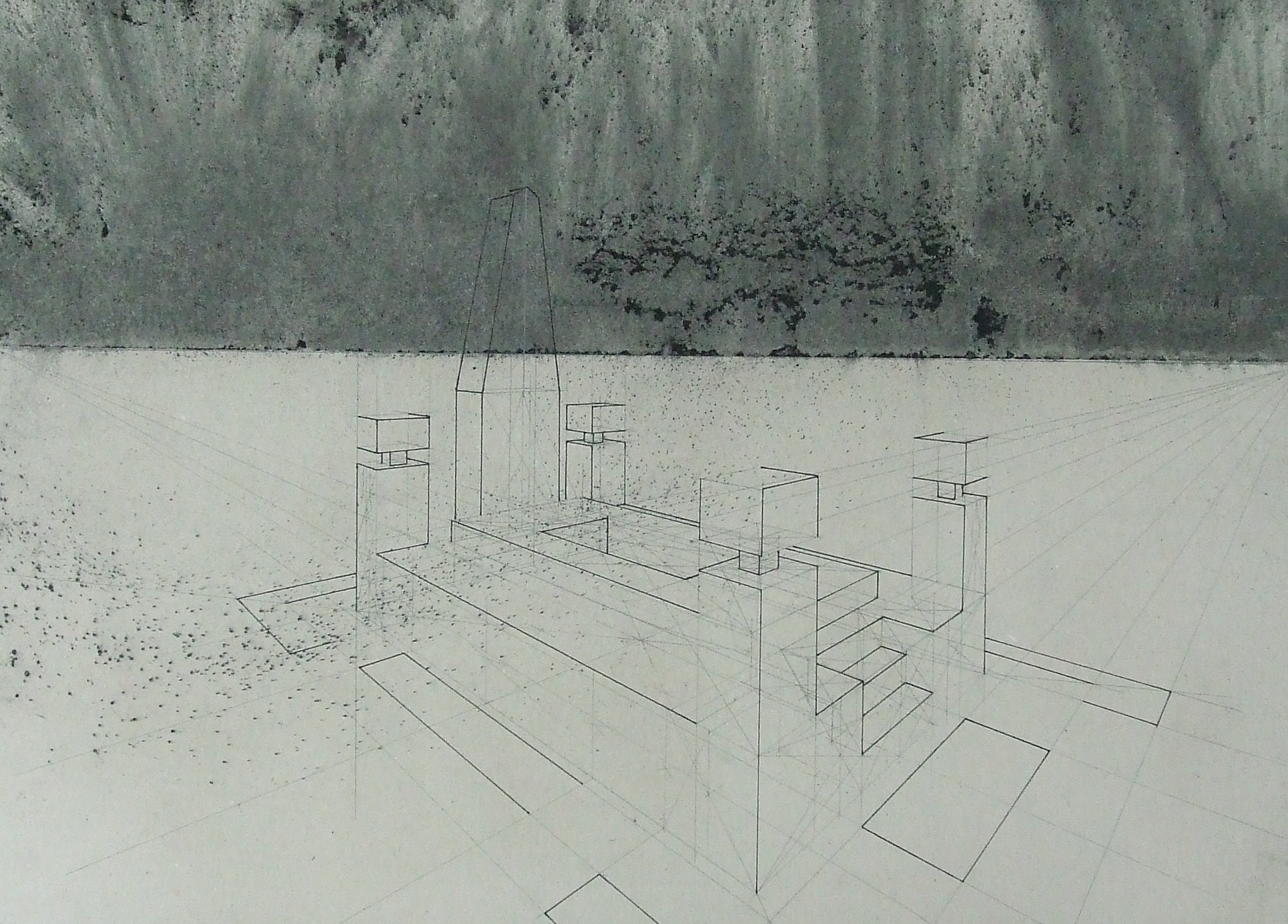 Konstrukce hrobu III, 2011, uhel, tužka a tuž na papíře, 50x70cm
