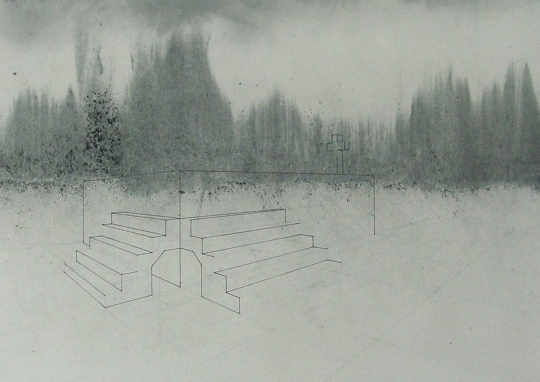 Konstrukce schodiště, 2011, uhel, tužka a tuž na papíře, 50x70cm