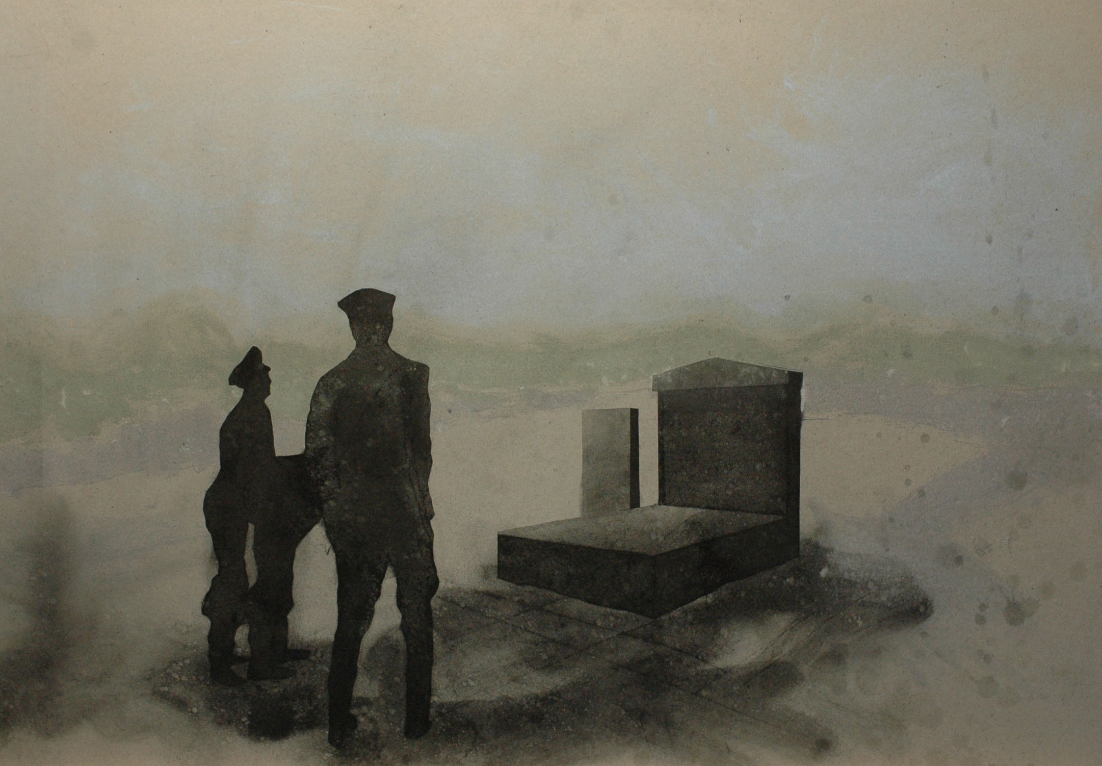Kratochvíle u hrobu, 2013, uhel a pigmenty na kartonu, 70x100cm