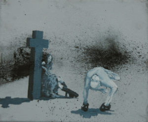 (Čeština) Muž s hlavou v koncích, 2013, olej, pigmenty a akryl na plátně, 20x30cm